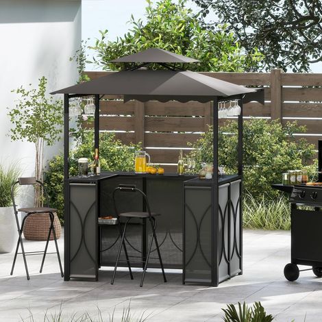 4 Pcs Ensemble Salon de Bar, Abri Barbecue Jardin Exterieur avec Auvent Latéral, Table de Bar, 2 Tabourets Pliants, Crochet et 4 Rangées Porte-Verres (GrisAuventChaises) (1/5)