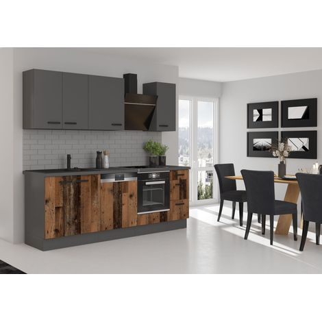 Küche OLD STYLE + NESSA Basic 240 cm Old Wood Optik Küchenzeile Küchenblock (1/5)