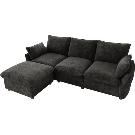 Modernes Ecksofa mit Ottomane, 3-Sitzer, dunkelgrauer Chenille, 222,5 x 154,5 x 76,5 cm (1/5)