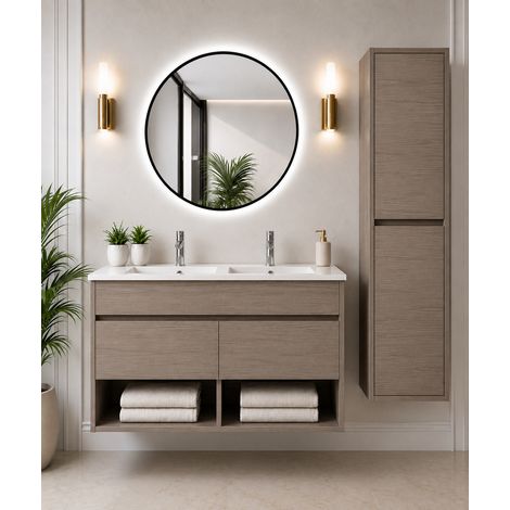 Badmöbel hängend mit Waschbecken extra flach ORIGENBATH NEBARI mit Türen ohne Spiegel 120x45 cm Doppelwaschbecken Smoky-Eiche mit Säule