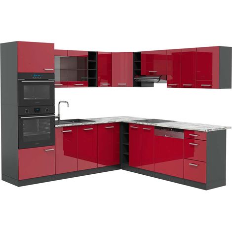 Cocina esquinera R-Line, Burdeos brillo intenso/antracita, 237 x 247 cm , ET Mármol, Vicco