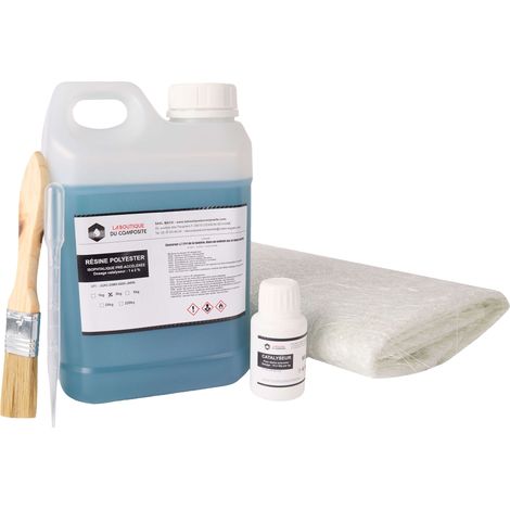 Kit résine polyester 2 kg avec catalyseur et mat de verre 2 m² 300 g/m² pour réparation et stratification (1/5)