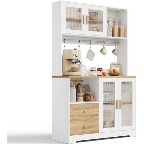 CHICFURN Armoire de cuisine haute 110 cm avec LED RGB, prises et USB, vitrine 4 portes en verre trempé, meuble bar à café et range-bouteilles, blanc et bois clair (1/5)