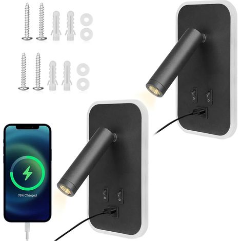 Lampe de Chevet Murale 2PCS Liseuse Murale avec Interrupteur et Port de Charge USB 3W plus 9W 3000K jardin terrasse extérieur (1/5)
