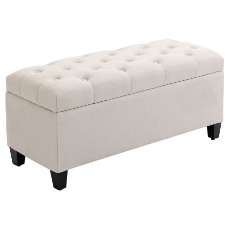 Banc ou coffre de rangement rembourré structure en bois d'hévéa et revêtement en polyester imitation lin blanc cassé. (1/5)