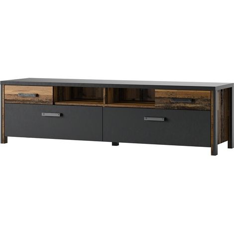 Mobile TV WINDSOR grigio antracite e quercia scura - 190 cm - 2 porte, 2 cassetti, 2 nicchie - 187 x 52.6 x 50.4 cm