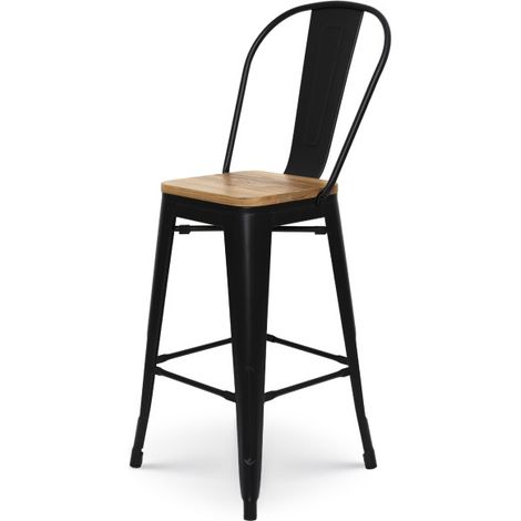 Barhocker aus mattschwarzem Metall im Industriestil mit hoher Rückenlehne und Sitz aus hellem Holz - Höhe 66cm