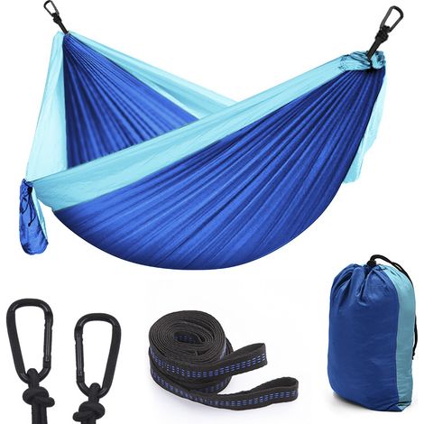 Hamac d'extérieur de Camping, 300 x 200cm Ultra léger Hamac de Camping, hamac de Jardin Portant 300kg, Hamac de Voyage avec 2 x Mousquetons, 2 x Sangles de Nylon pour Voyage Jardin - bleu