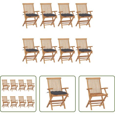 Chaises de jardin pliables - Chaises de jardin avec coussins anthracite lot de 8 Teck massif (1/5)