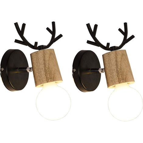 – Applique murale tête de cerf rétro en bois et fer – Éclairage chambre, couloir, escalier – Surface d'éclairage 10-15 m² – Angle de rotation 360° (1/5)