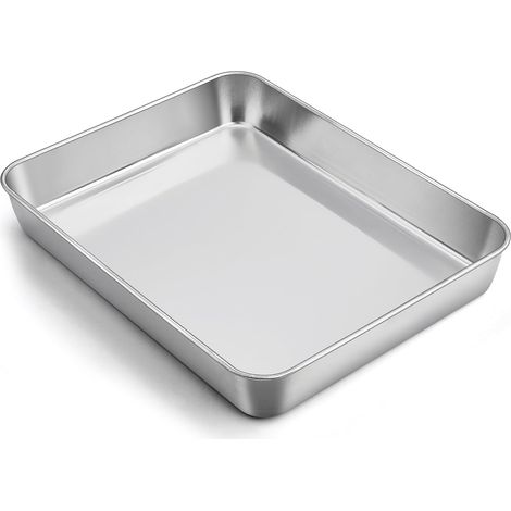 Plaque de cuisson, rectangulaire, en acier inoxydable, 31,6 x 24,7 x 4,8 cm, profonde, pour gâteaux, lasagnes, brownie, sain, facile à nettoyer et passe au lave-vaisselle (1/5)