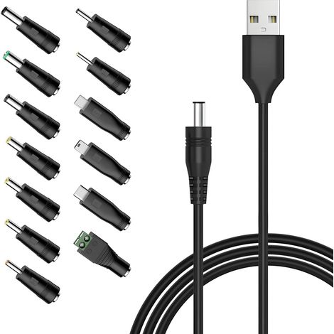 Cavo convertitore universale da USB a DC 5V a 5,5 x 2,1 mm da 1 m con 13 connettori jack, connettore a barilotto, per ventole, router, lampade da scrivania, computer (1/5)