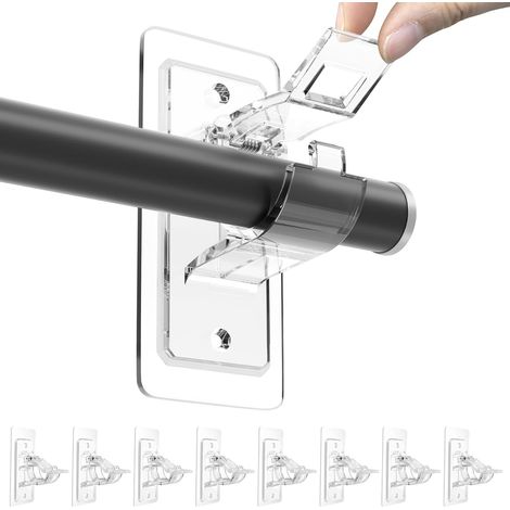 Soportes para barras de cortina - No requieren perforación - Para salas de estar y baños - Transparentes - Paquete de 8 (1/5)