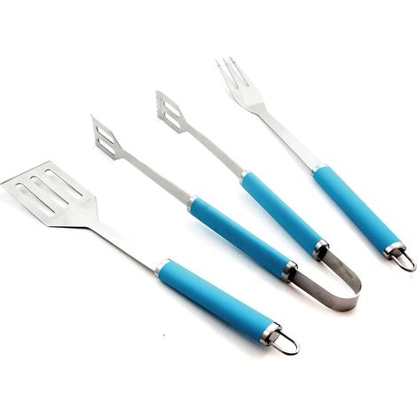 Set 3 Utensili Accessori per Barbecue in Metallo e TPR Azzurro