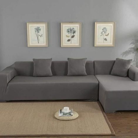 Housse de canapé extensible grise pour canapé d'angle 3+2 places - polyester, lavable (1/4)