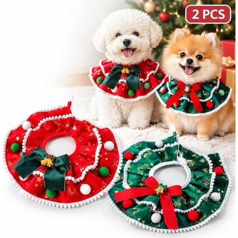 2 PCS capes de Noël pour animaux de compagnie, capes à col rouge et vert avec nœud et cloche pour petits chiens et chats, taille M (1/5)