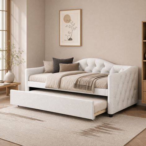Tagesbett 90x200 cm mit ausziehbarem Rollbett, Beige, Leinen und MDF, ohne Matratze (1/5)