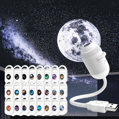 Projecteur veilleuse holographique dynamique 5D HD intelligent, projecteur galaxie/étoiles HD 2-en-1 Plug and Play, rotation à 360°, alimentation USB, avec 24 films