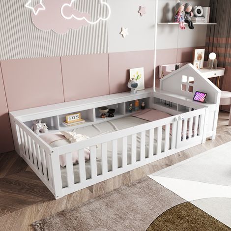 MEUBLIV Cama infantil 90x200 cm blanca con techo, almacenaje y seguridad, sin colchón (1/5)