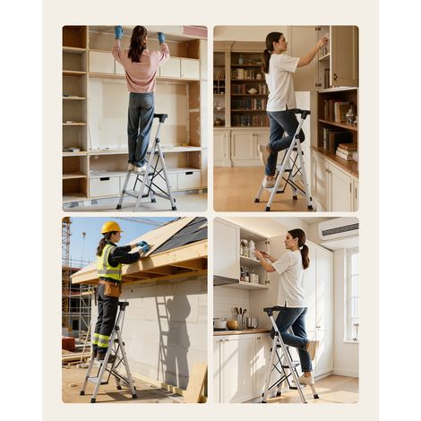 VEVOR 3 Step Ladder, Folding Step Stool with Wide Anti-Slip Pedal and Comfort Handgrip, 330 lbs Capacity Portable Aluminum Stepladder, Multi-Use for Kitchen, Warehouse, Household and Office, Silver (1/4)