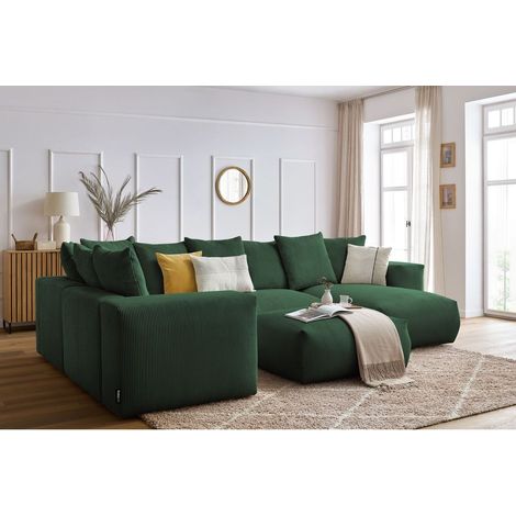 BOBOCHIC - Canapé panoramique fixe modulable VOLTAIRE avec 1 méridienne, 1 angle, 2 chauffeuses et 1 pouf Angle droit Vert (1/5)