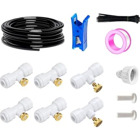 Brumisateurs pour terrasse extérieure, système de brumisation de jardin, système d'irrigation, tuyau de brumisation de 10 m 6 mm + 6 buses de brumisation en T blanches, système de brumisation (1/5)