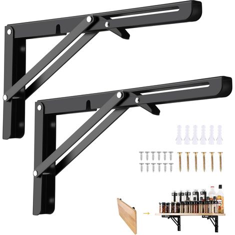 Équerre Pliante 300mm, 2 Pièces Noir Support Console Pliants Pliable Rétractable, Pour étagères Charge Lourds, Pour Garage, Cuisine, Chambre. (1/5)