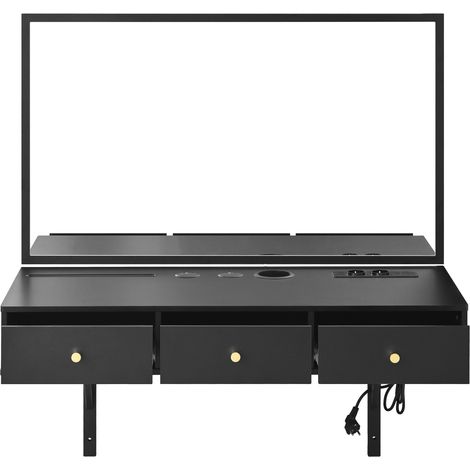 Schwarzer schwebender Schminktisch mit Spiegel, 3 Schubladen, Steckdose, Tablet- und Becherhalter (1/5)