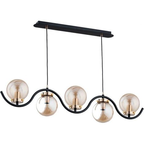 Alfa Korda Modern 5-Light Chandelier, Black Metal & Amber Glass Globe Shades, E14 (max 40W), Dimmable, Adjustable Drop up to 90cm, 97cm Wide, IP20 Indoor (1/2)