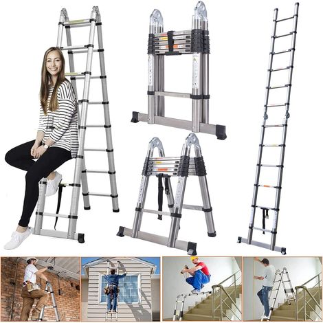 Aluminum Folding Ladder A Frame Telescopic Multi-purpose Ladder DIY Portable Folding Extendable Extension Ladder with Stabilizer Bar for Home Office Loft Use,EN131 Standard,Max Load 330LBS (1.9M+1.9 M