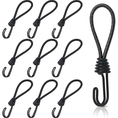 Tenditori in gomma da 10 pezzi con ganci a spirale, tenditori elastici corti da 16 cm, tenditori per teloni con doppi ganci, tenditori universali con elementi di fissaggio per campeggio (1/5)
