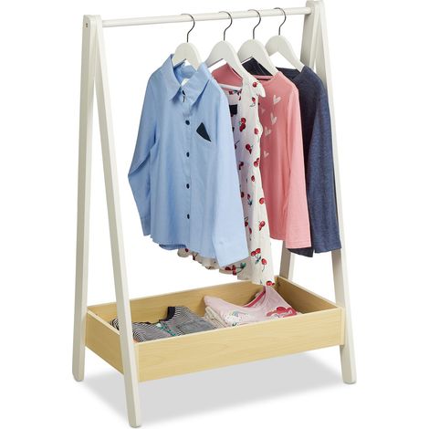 Relaxdays Coat Rack Children, Clothes Rail with Shelf, Kids Room, Floor Standing, 99 x 64.5 x 42.5 cm, White/Natural