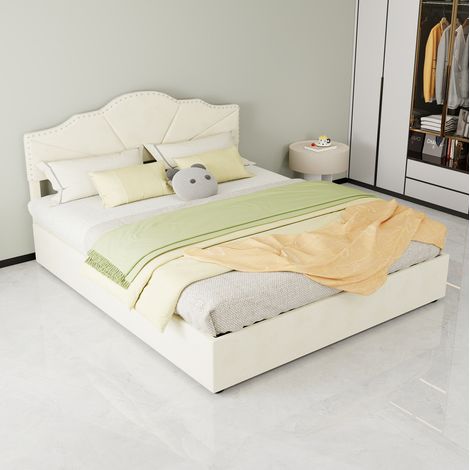Lit coffre moderne en tissu beige 160x200 cm avec tête de lit capitonnée géométrique et sommier à lattes (1/5)
