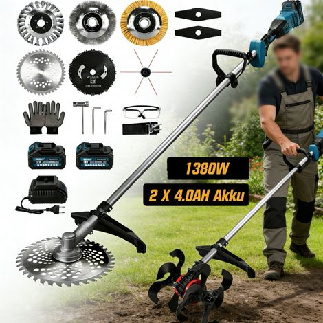 2-En-1 1380W Motobineuse électrique et Coupe-Bordures Brushless Sans Fil avec 2x4.0AH Batt. 18800 RPM/680 RPM, 1380W Debroussailleuse Electrique, 7 Lames, pour la Coupe de Jardin, Compat. Makita 18V