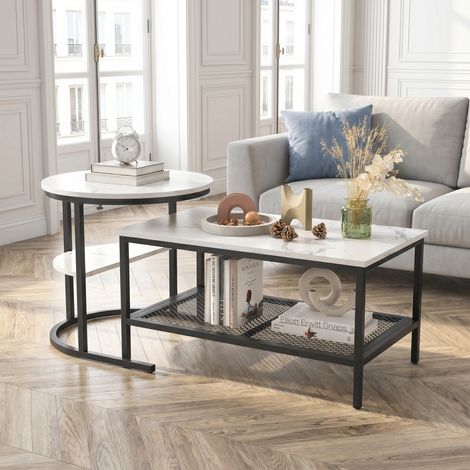 Table basse, Table Basse Gigogne Lot de 2, Table rectangulaire en marbre et métal, Pieds Réglables, Table d'Appoint pour Salon (1/5)