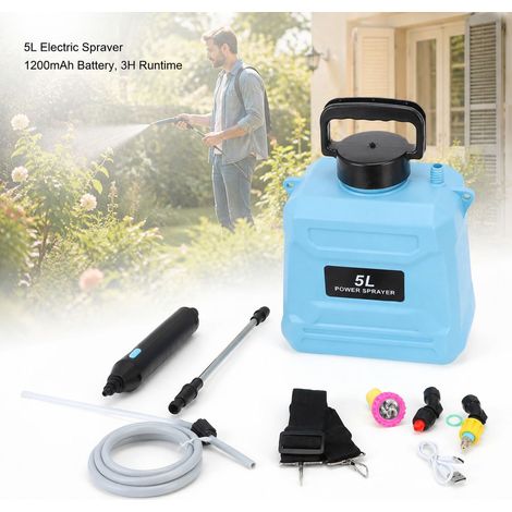 Spruzzatore elettrico da 5 litri - Senza fili, ugello regolabile, autonomia della batteria di 3 ore - Per irrorazione in giardino, diserbo e pulizia - Blu (1/5)