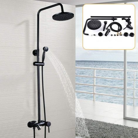 Duschset Mit Armatur, Regendusche Mit Armatur, Duschsystem Mit 3 Duscharmatur Und Verstellbare Duschstange, Messing, 20cm Runde Dusche, Matt Schwarz