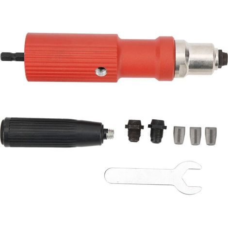 Kit adattatore per rivettatrice elettrica, chiave con impugnatura in metallo duro, utensili manuali, mandrino rosso, lunghezza approssimativa 20 mm, per attrezzature di navigazione, rivettatrice (1/5)