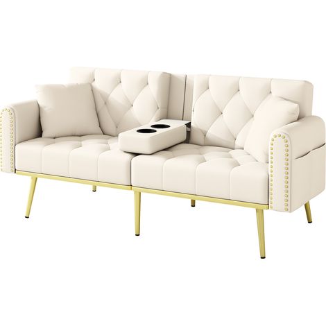 Canapé-lit convertible 2 places en velours beige, dossier inclinable et porte-gobelets (1/5)