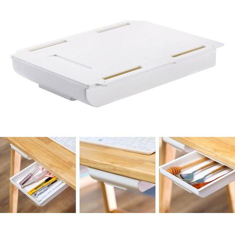 Tiroir Sous le Bureau,Tiroirs de Rangement Autocollants,Boîte de Rangement pour Organisateur, Auto Adhésifs,Cachée,Blanc,Pour la Maison,25.5×20×4.2cm (1) (1/5)