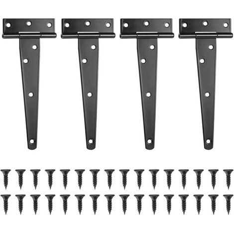 Lot de 4 Charnières en T, Noires Charnière Porte de Grange, Charnières de Portes, Charniere Plate Inox pour Portails, Abris de Jardin, Placard - 6 Pouces