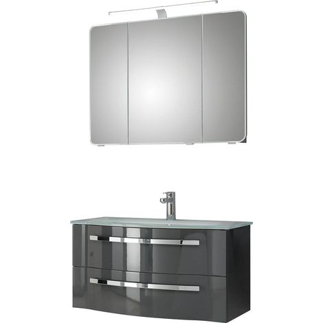 Badmöbelset mit Glas-Waschtisch und SpiegelschrankFES-4005-66 in Hochglanz Lack Quarzgrau, Soft-Close & LED - B/H/T: 92/200/49,1cm (1/5)