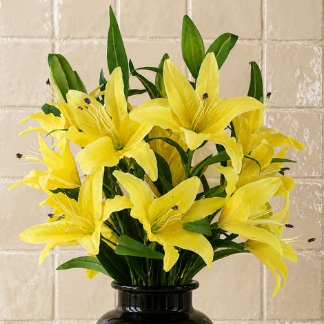 Pack of 6 x 100cm Large Yellow Lily Stem - 18 Flowers - Premium Quality (1/5)