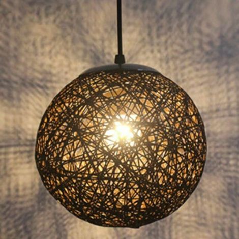 Black Retro Pendant Light in Rattan with Round Globe, 15cm, DIY Chandelier Lampshade, E27 Ceiling Light for Living Room, Restaurant, Shopping Mall, Bar