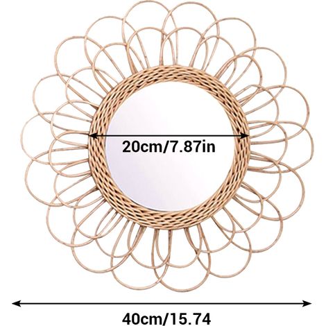 Miroir suspendu circulaire en rotin de 40 cm, motif tournesol, décoration murale bohème, miroirs de maquillage en osier (1/3)