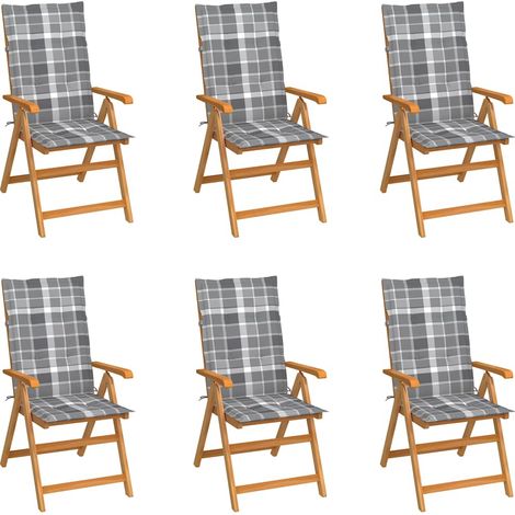 vidaXL Sillas plegables, 6 unidades, cojines con estampado de cuadros grises, madera maciza de teca. (1/5)