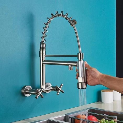 Wall-mounted kitchen faucet with pull-out spout, 360° swivel sink faucet with 3 spray modes, brushed YMYNY (1/4)