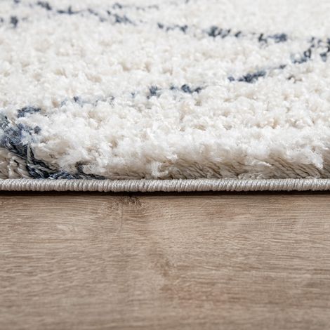 Paco Home Tappeto Shaggy a pelo lungo per soggiorno, moderno, con motivo di rombi e quadri, in crema e blu 80x150 cm