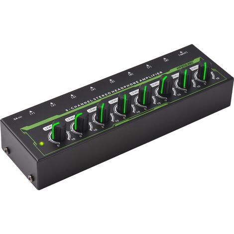 Amplificateur de casque stéréo 8 canaux avec adaptateur secteur 12 V CC, interface entrée/sortie 6,35 mm, répartiteur audio portable pour casque audio, idéal pour la scène et le studio. (1/4)