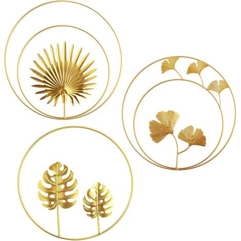 Ginkgo Biloba, 3er-Set goldene Metall-Wandhänger in runder Blattform für Wohnzimmer, Mädchenzimmer, Inneneinrichtung